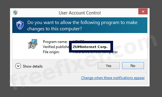 Screenshot where ZUMInternet Corp. appears as the verified publisher in the UAC dialog